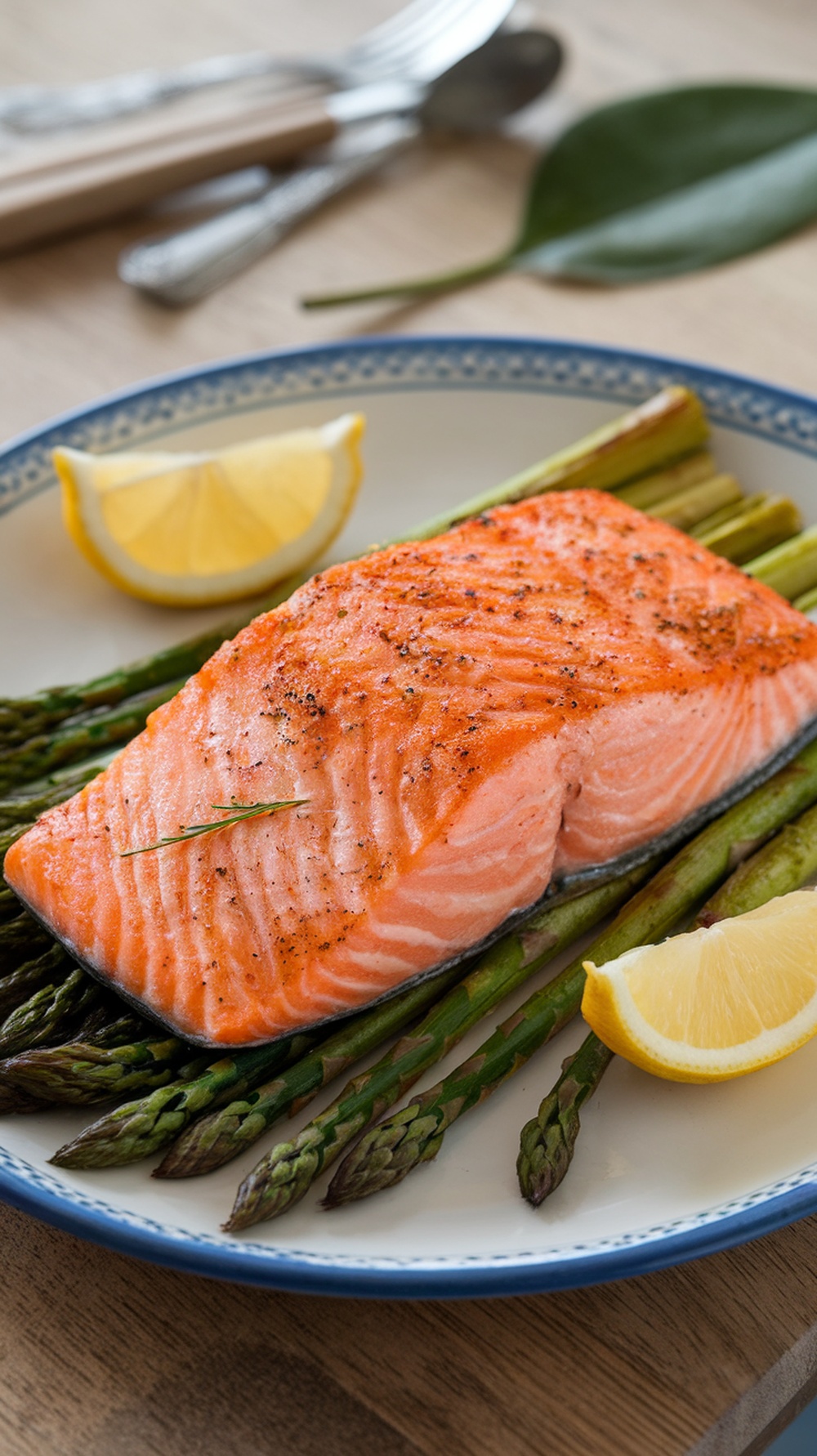Baked salmon fillet served with asparagus and lemon slices on a plate.