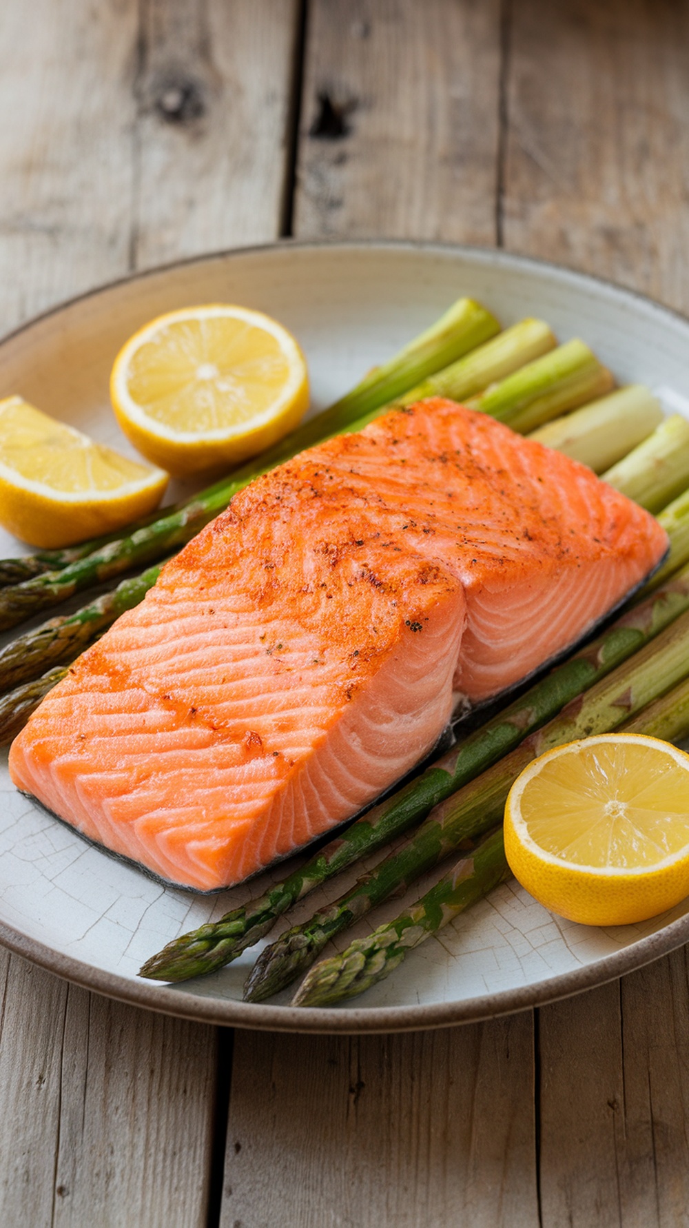 Baked salmon fillet with asparagus and lemon slices on a plate