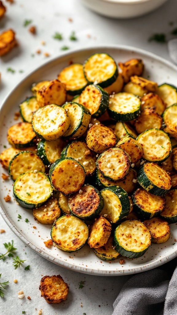 A plate of crispy baked zucchini fries served with a creamy garlic dip.
