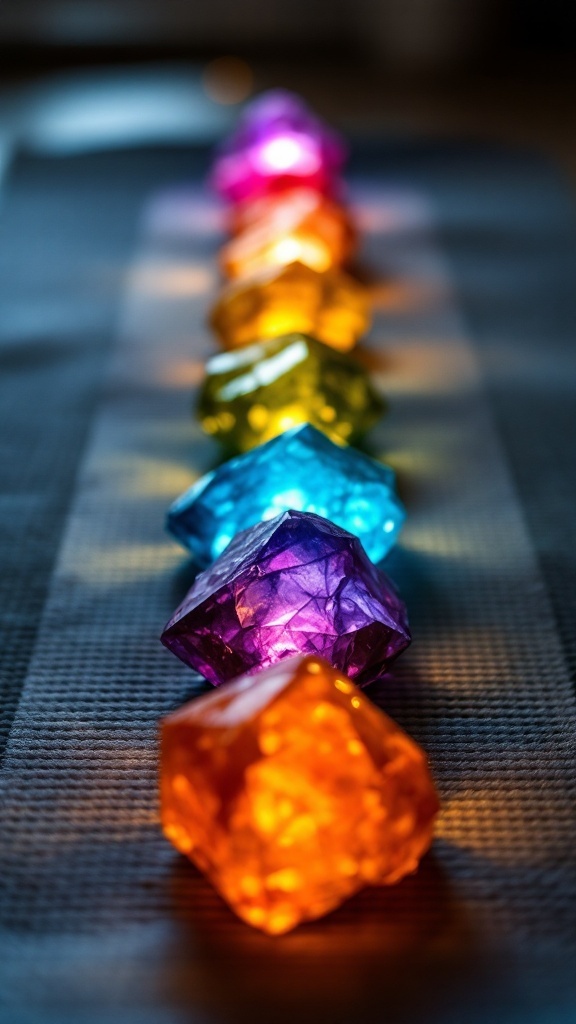 A colorful arrangement of crystals representing the chakras, ideal for chakra meditation.
