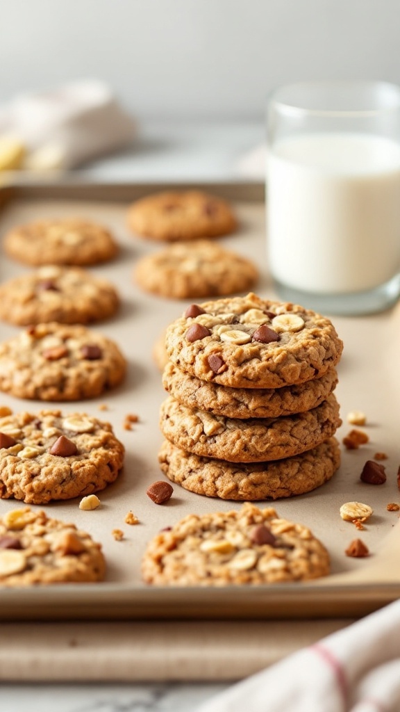Delicious banana oatmeal cookies stacked on a baking tray with a glass of milk