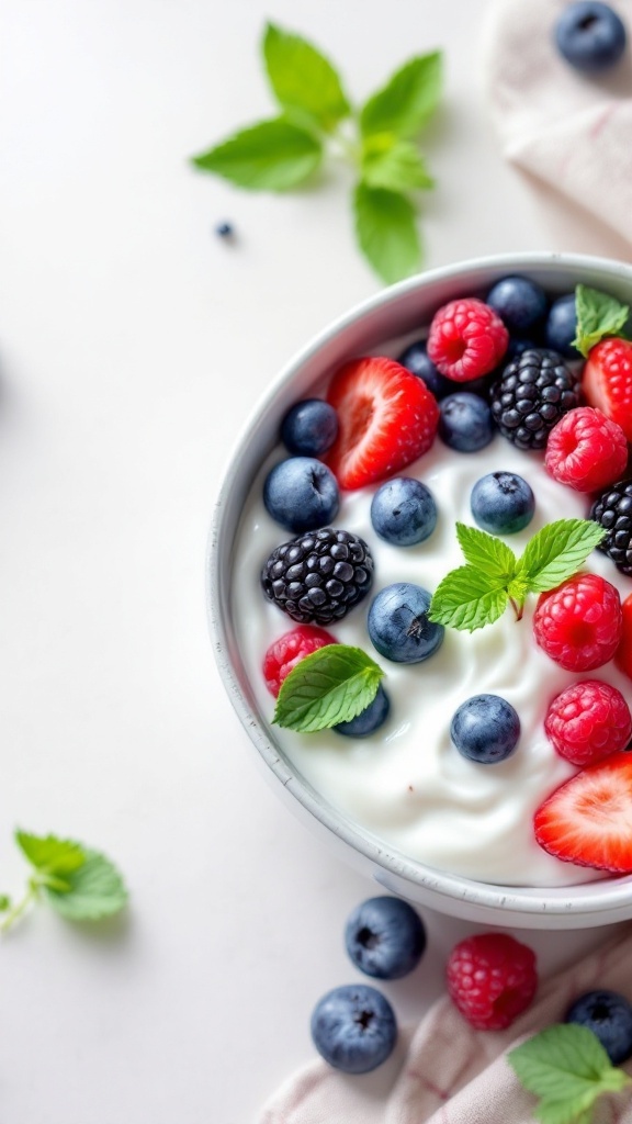 A bowl of yogurt topped with strawberries, blueberries, blackberries, and raspberries, garnished with fresh mint leaves.