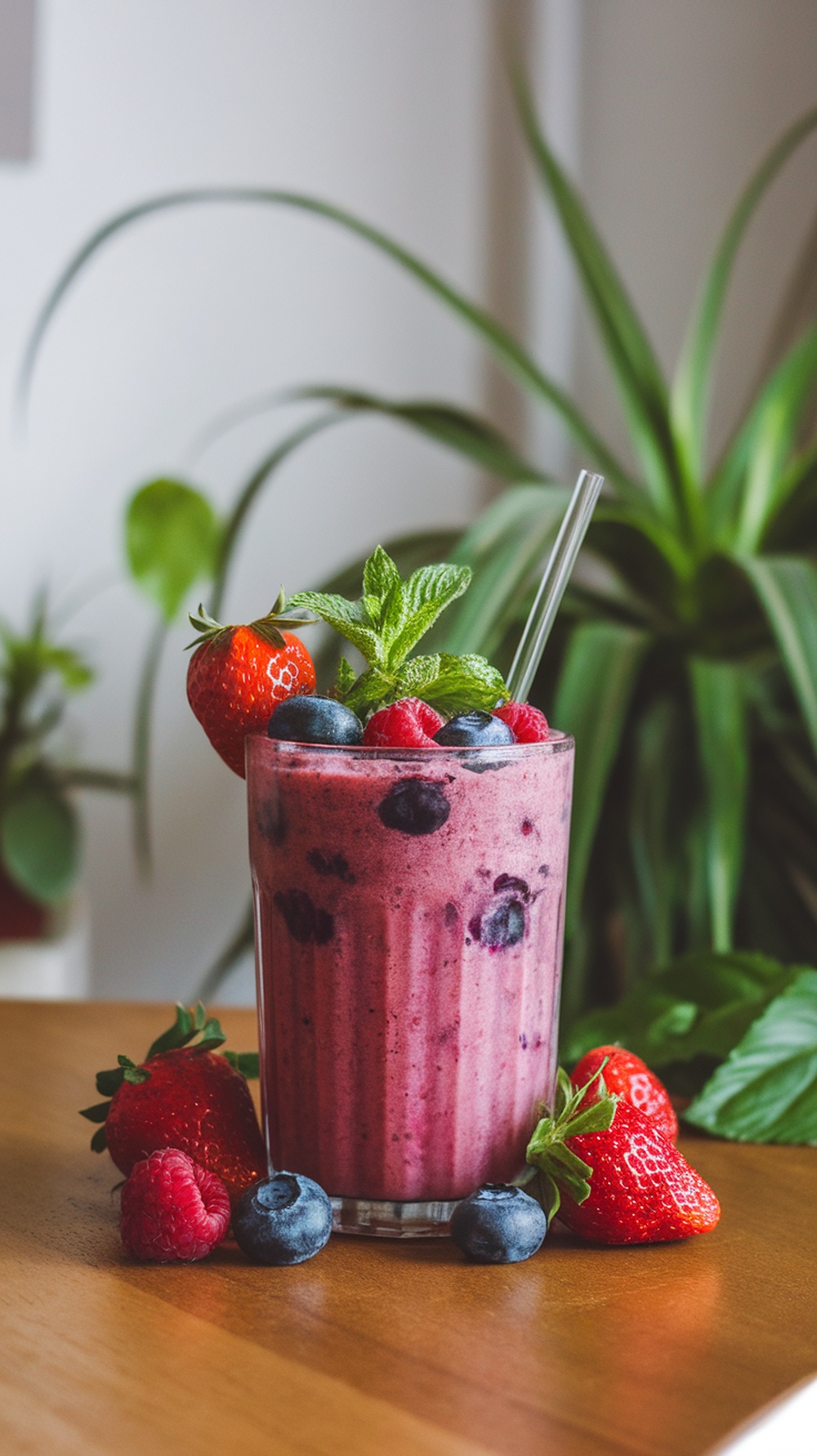 A vibrant berry smoothie topped with fresh strawberries, blueberries, and raspberries, served in a glass with a straw.