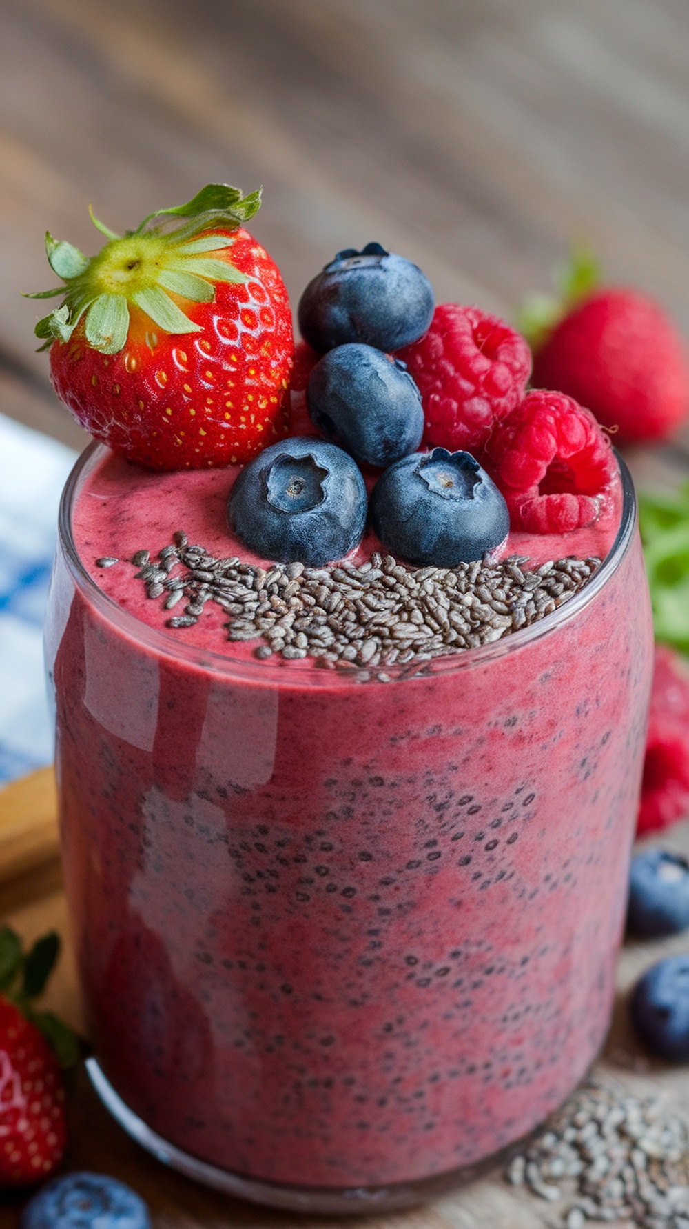 A colorful berry smoothie topped with fresh strawberries, blueberries, and chia seeds.