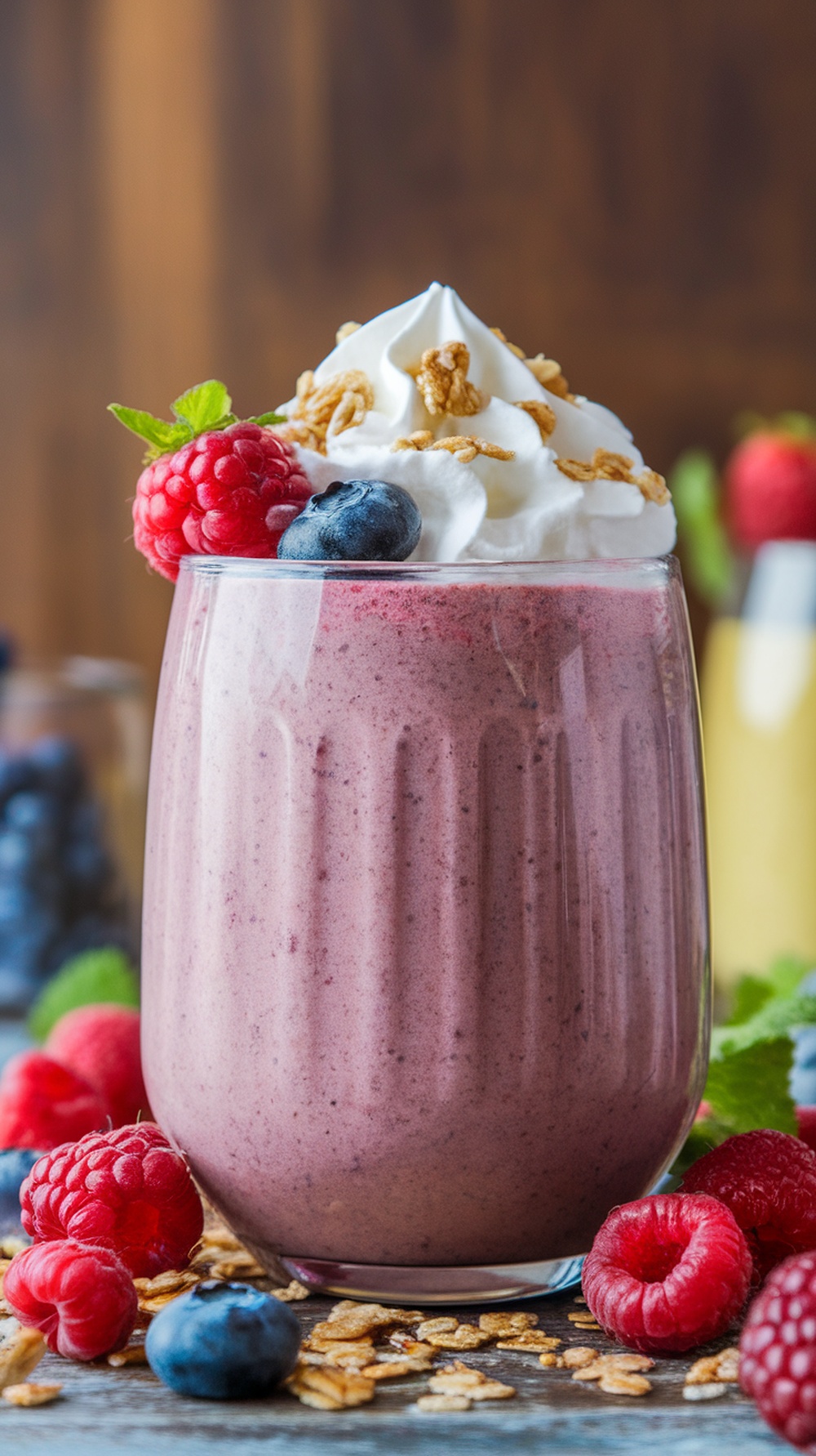 A delicious berry smoothie topped with whipped cream and fresh berries.