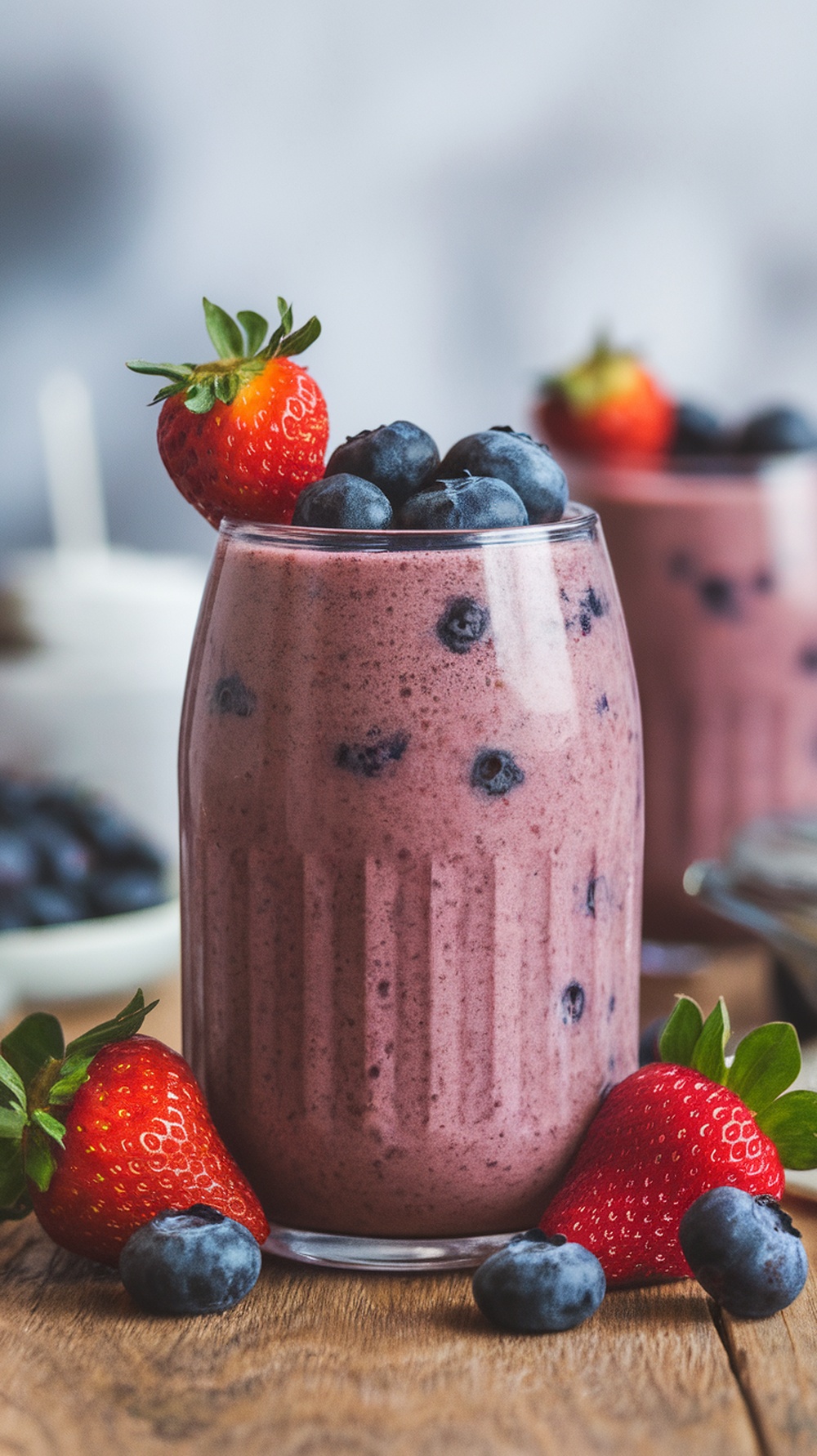 A refreshing berry smoothie topped with strawberries and blueberries, served in a glass.