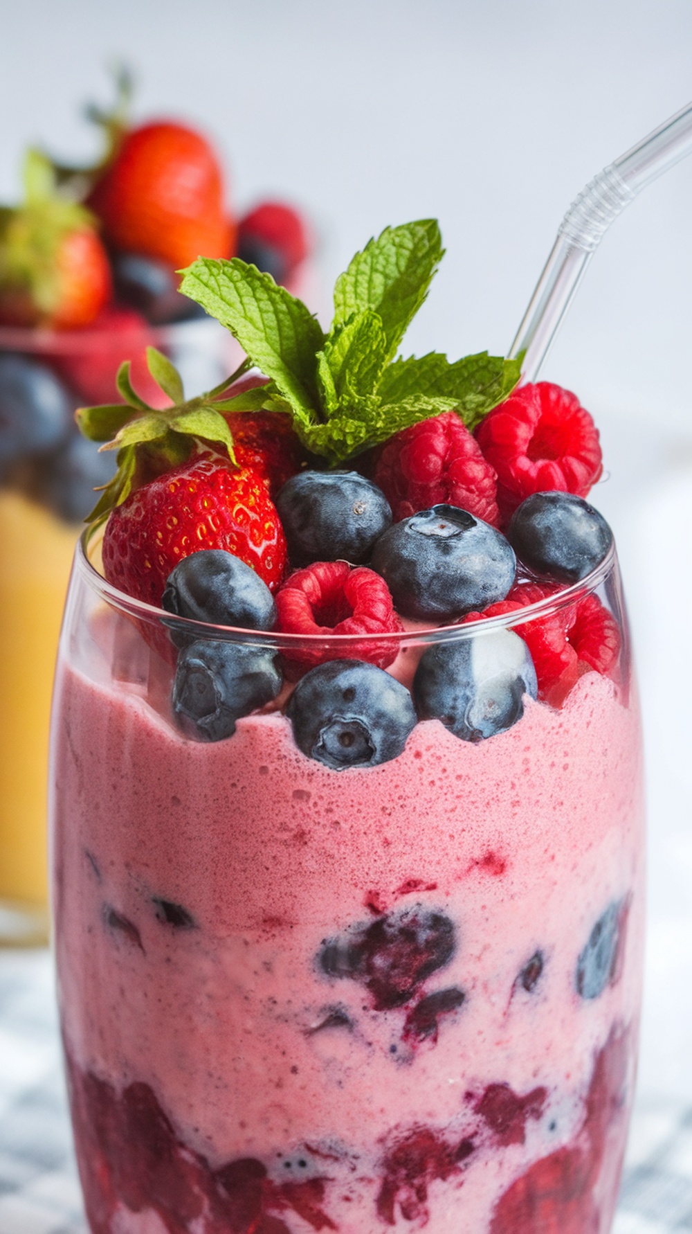 A colorful berry smoothie topped with fresh berries and mint.