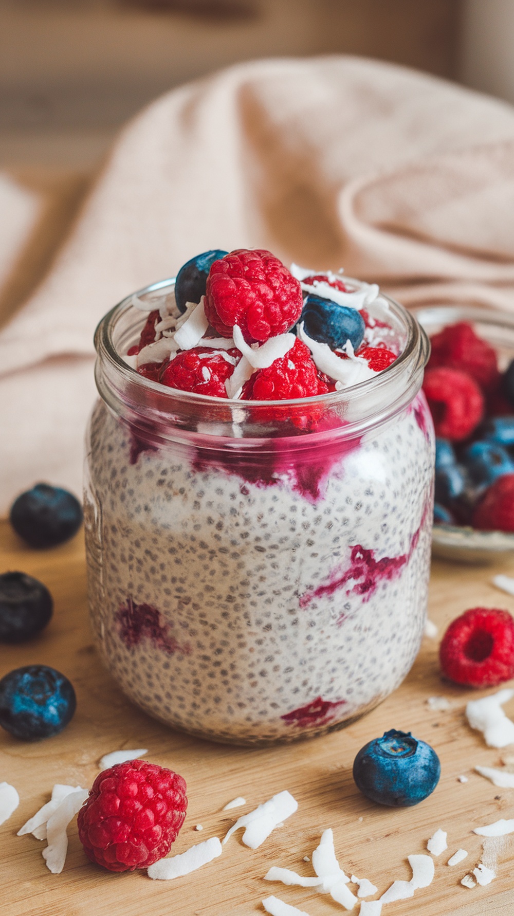 A jar of berry coconut chia pudding topped with raspberries, blueberries, and shredded coconut.