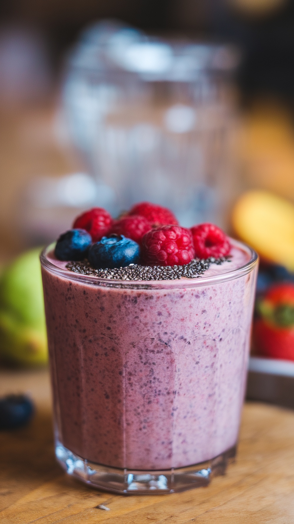 A berry smoothie topped with raspberries, blueberries, and chia seeds in a glass.