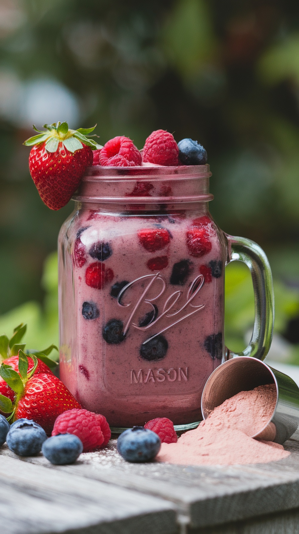 A berry smoothie in a mason jar topped with fresh strawberries and raspberries