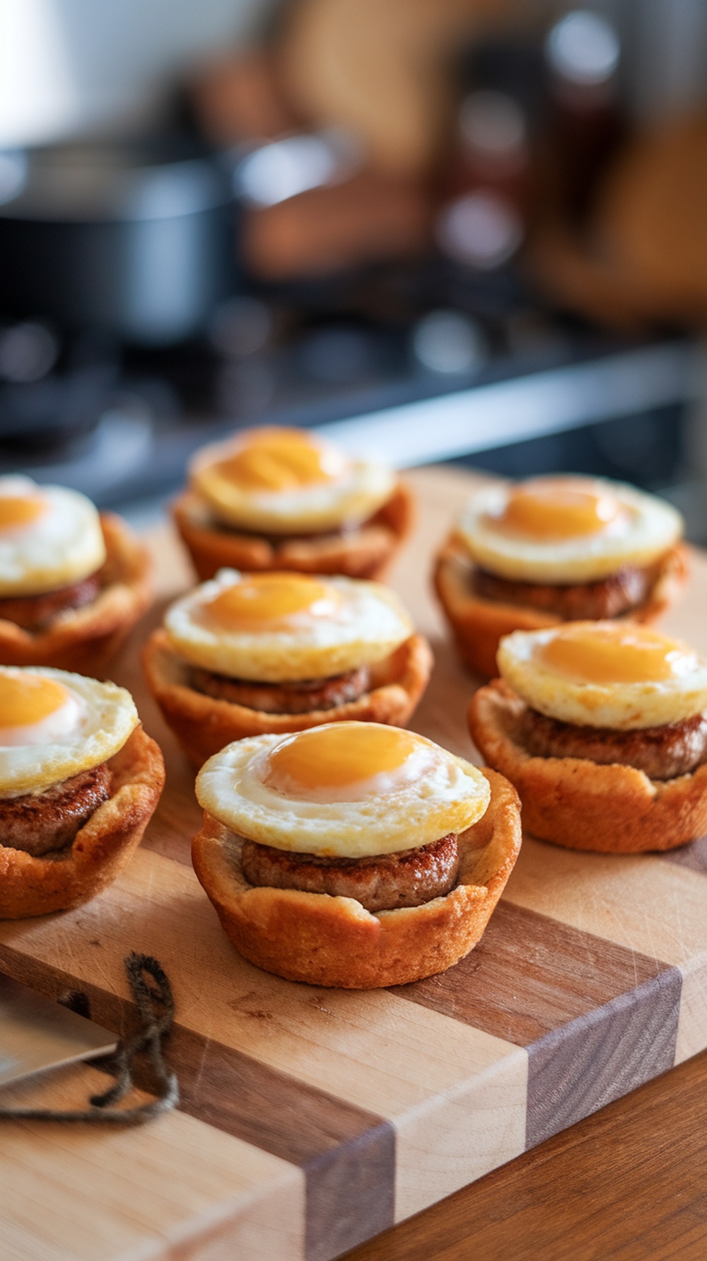 Delicious breakfast sausage and egg muffins on a wooden cutting board.