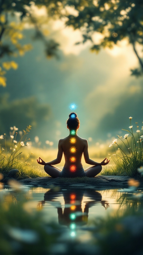 A person meditating with visible chakra colors in a serene natural setting.