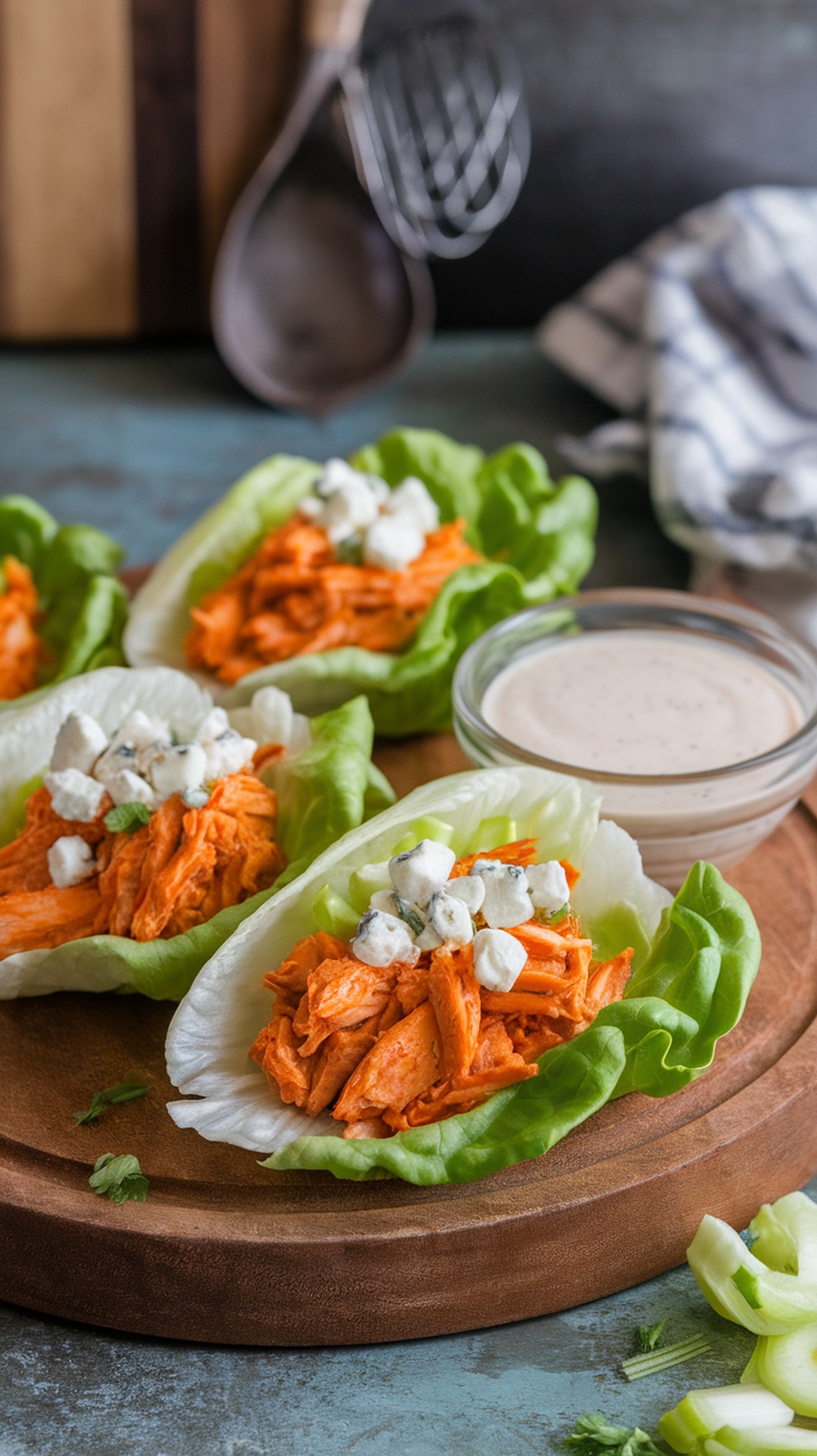 Buffalo chicken lettuce wraps with blue cheese and ranch dressing on a wooden platter