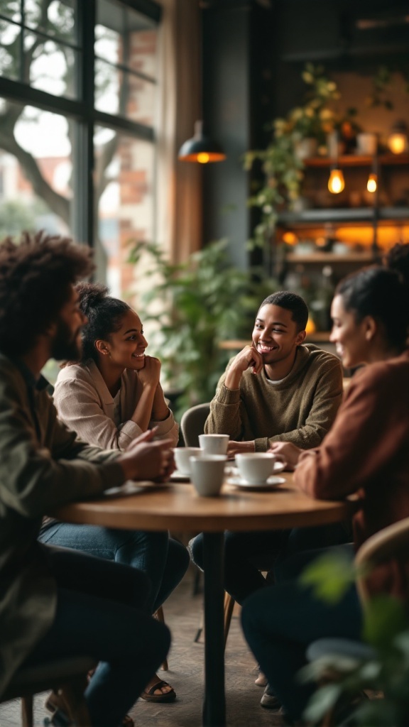 A group of friends engaged in conversation around a table, enjoying coffee in a cozy setting.