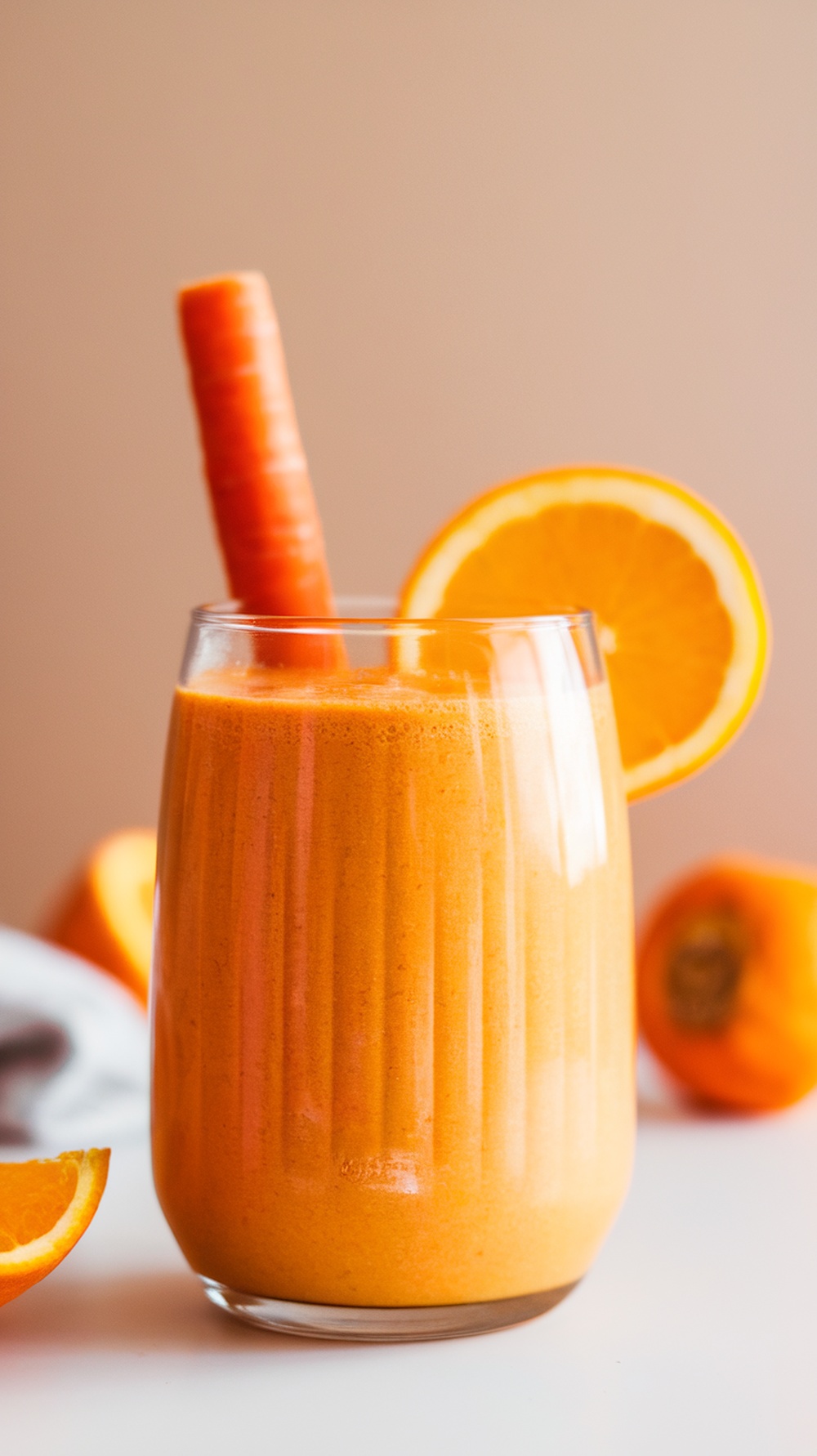 A vibrant carrot orange ginger smoothie in a glass, garnished with a carrot stick and an orange slice.