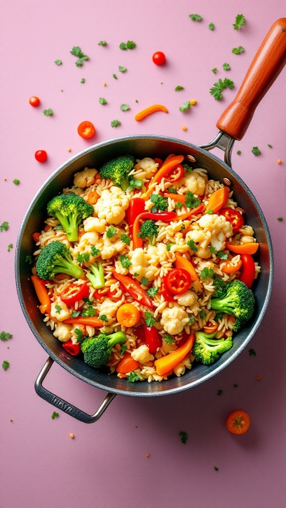 A colorful cauliflower rice stir-fry with broccoli, bell peppers, and cherry tomatoes in a frying pan.