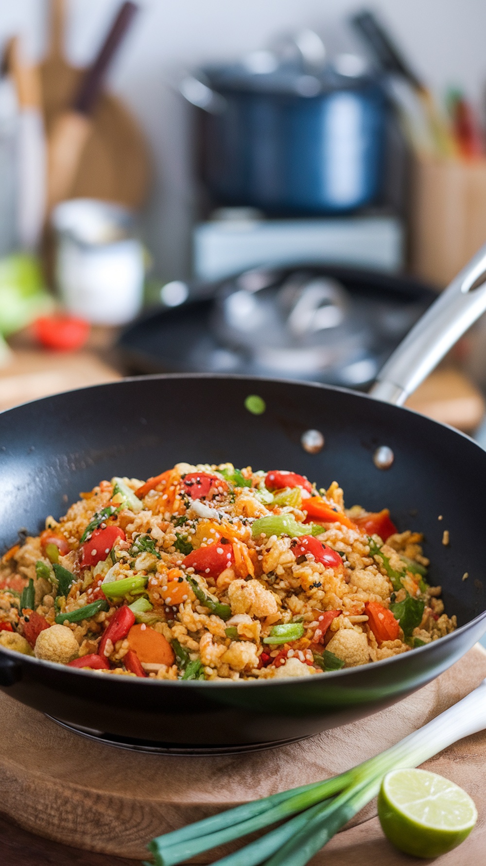 A colorful cauliflower rice stir-fry in a black pan, featuring vibrant vegetables like red peppers, green onions, and carrots.