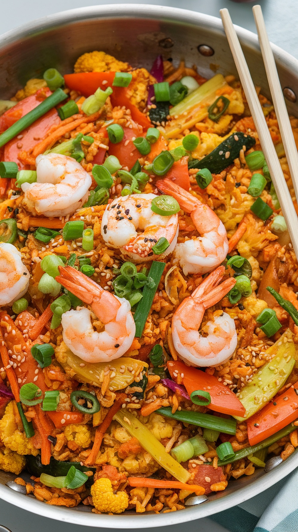 A colorful bowl of cauliflower rice stir-fry with shrimp and vegetables.