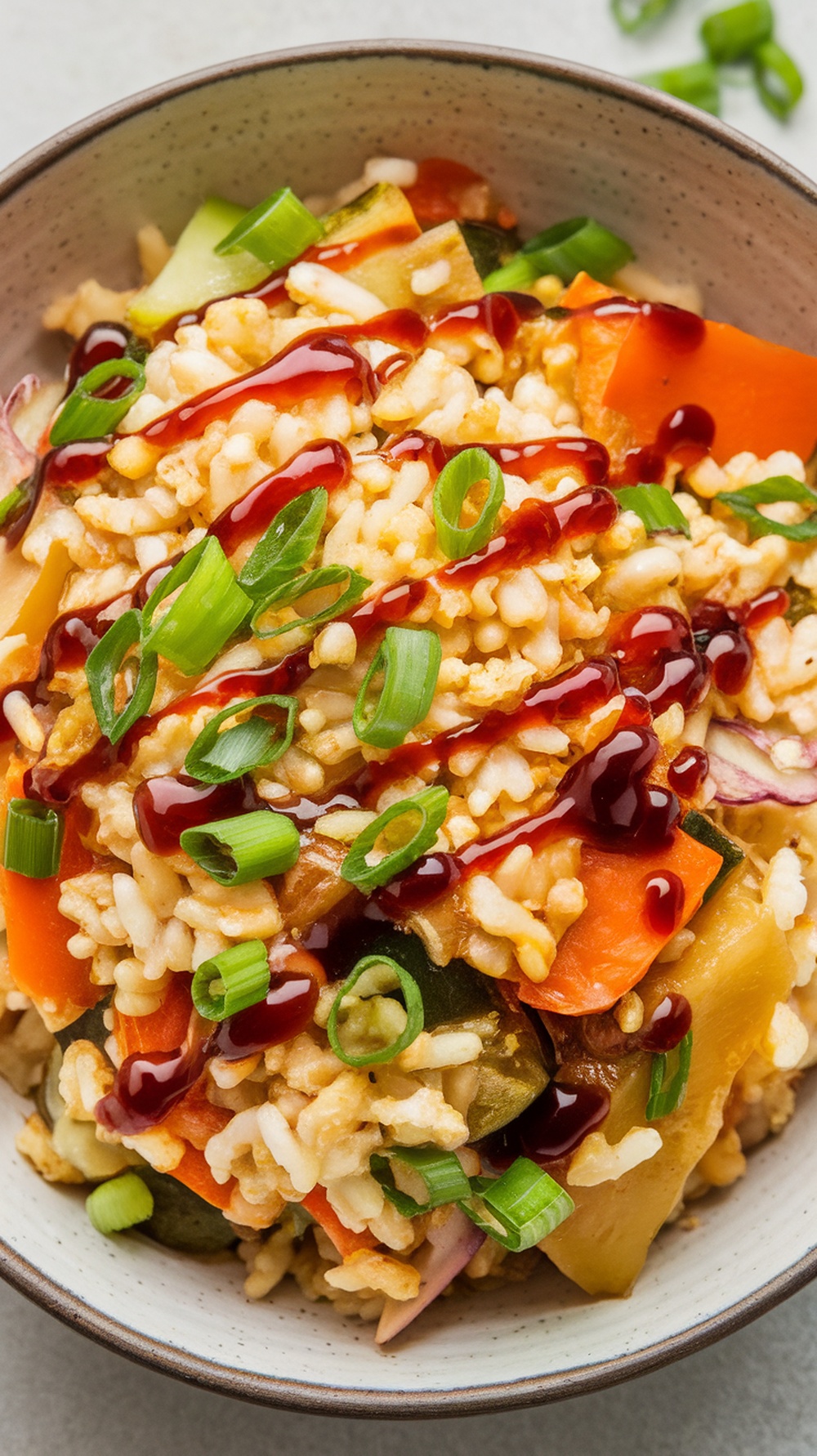 A bowl of cauliflower rice stir-fry topped with green onions and sauce.