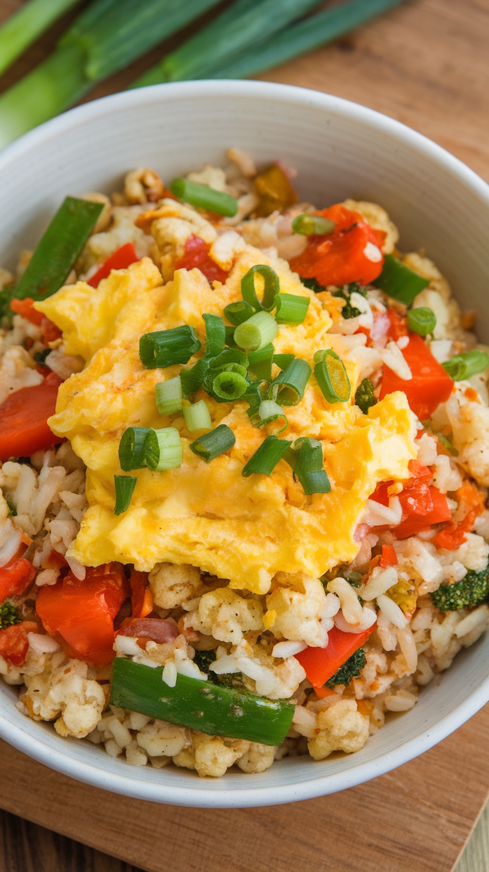 A bowl of cauliflower rice stir-fry topped with scrambled eggs and green onions.