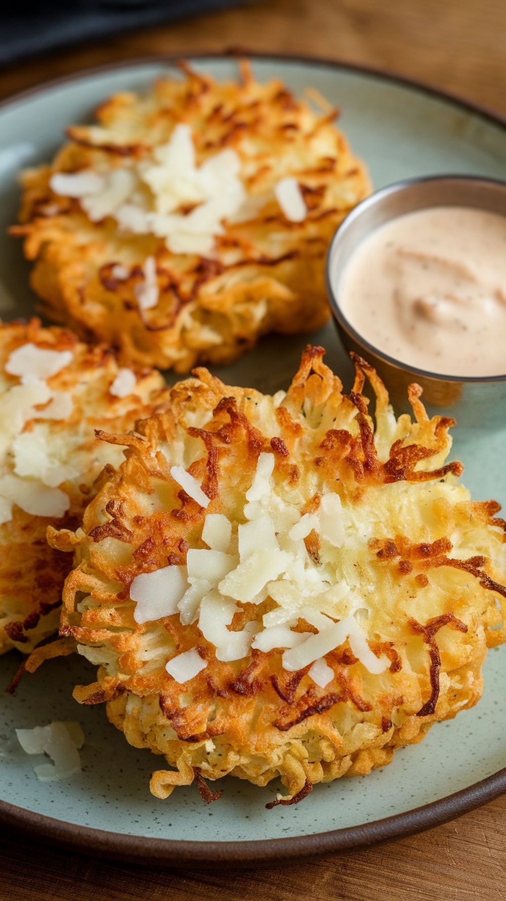 Crispy cheesy cauliflower hash browns served with a dipping sauce