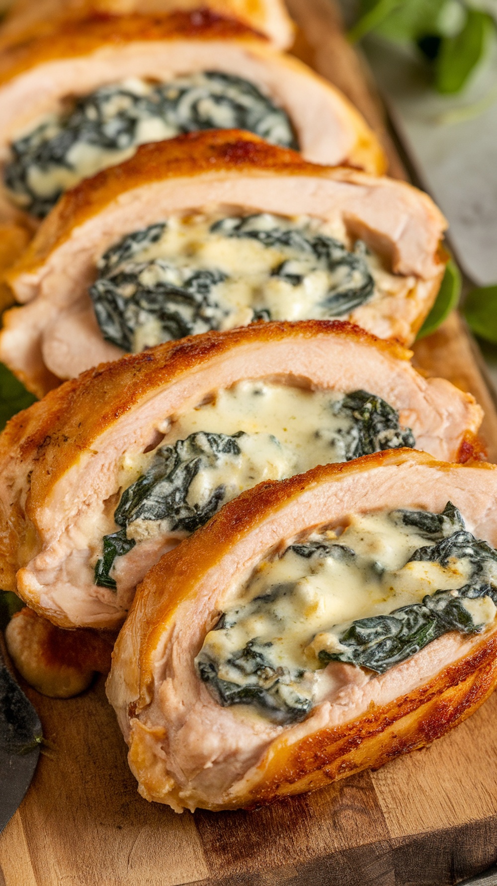 Sliced Cheesy Spinach Stuffed Chicken showcasing creamy spinach filling