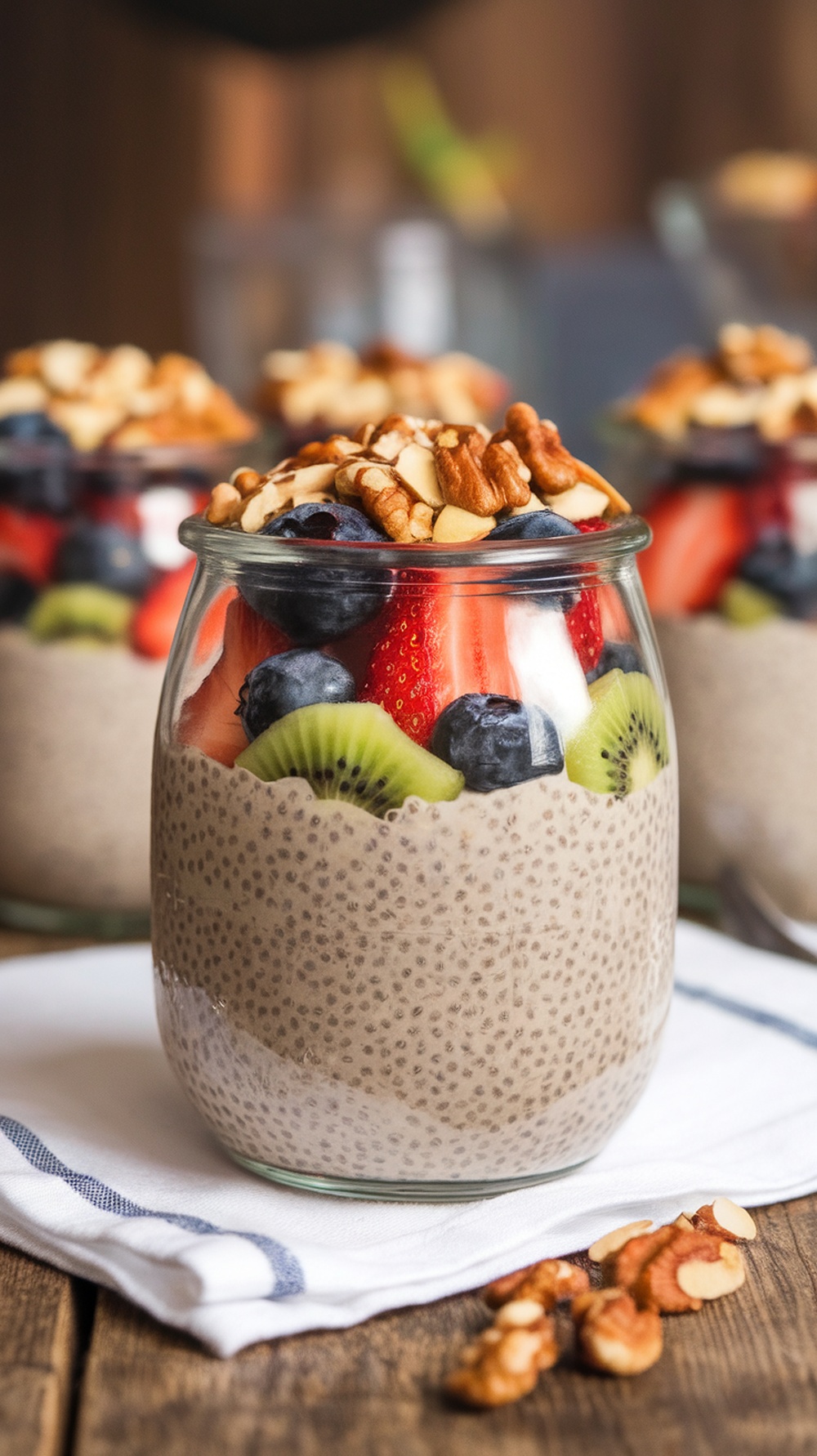 Chia seed pudding topped with fresh fruits and nuts in a glass jar