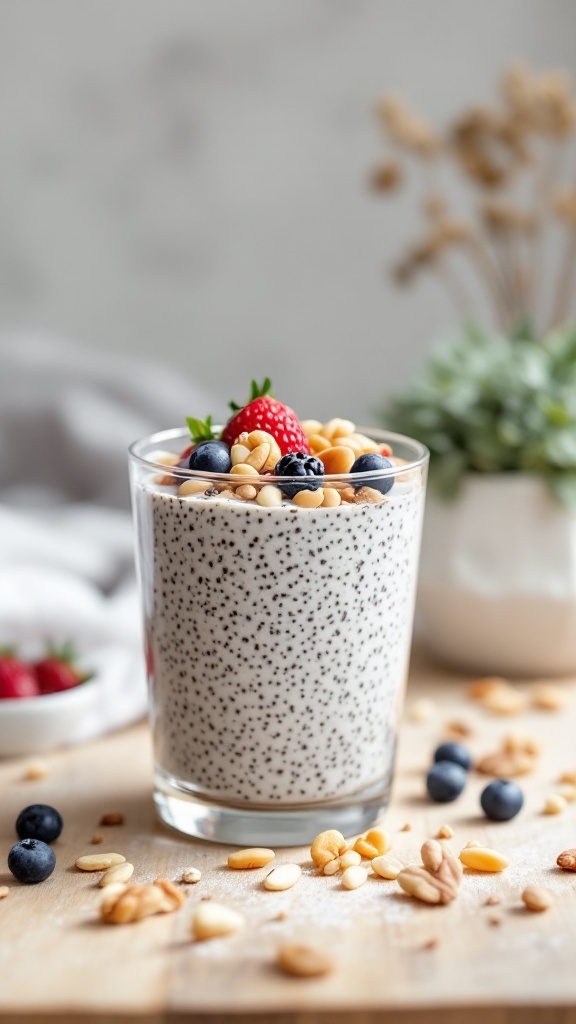 Chia seed pudding topped with strawberries, blueberries, and peanuts