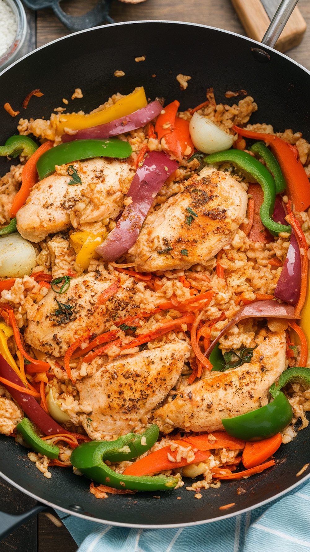 A colorful chicken and cauliflower rice stir-fry with bell peppers and carrots in a skillet.