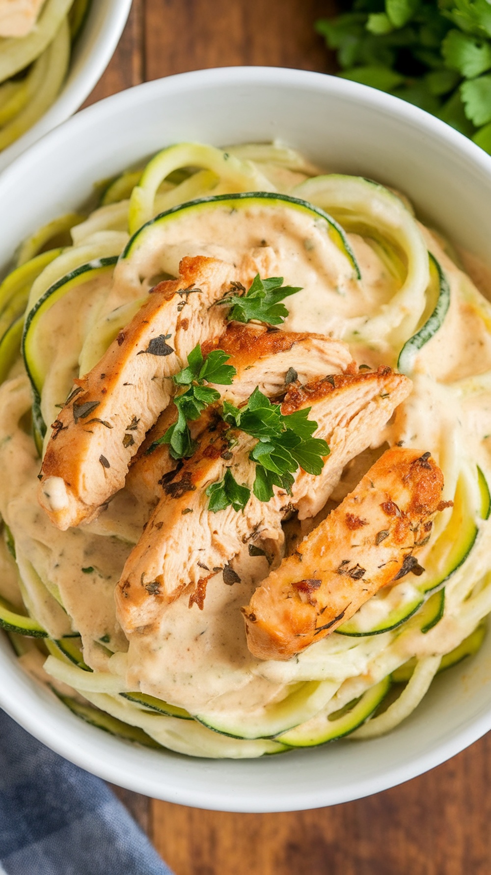 A bowl of Chicken Zoodle Alfredo with zucchini noodles, sliced chicken, and creamy sauce topped with parsley.