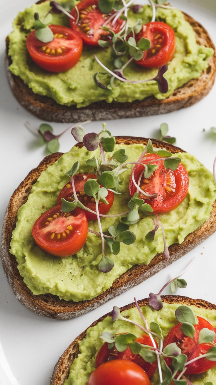 Chickpea and avocado mash on toast topped with cherry tomatoes and herbs