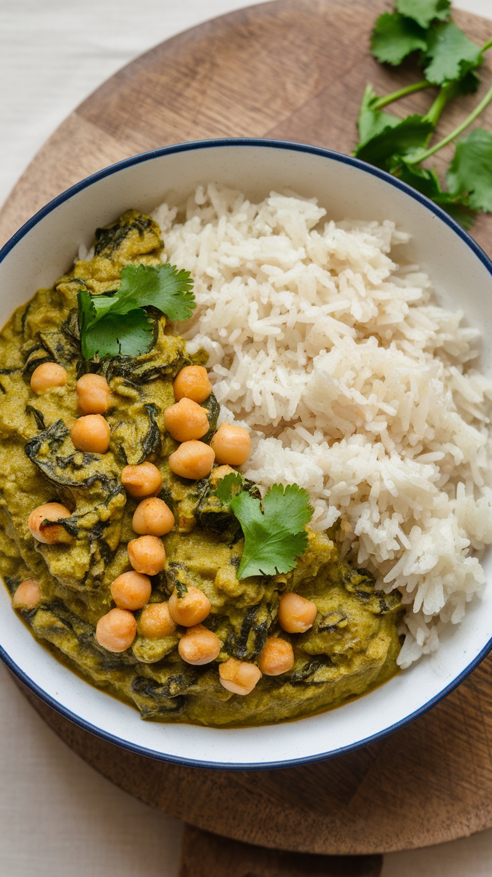 A bowl of chickpea and spinach curry served with rice, garnished with cilantro.