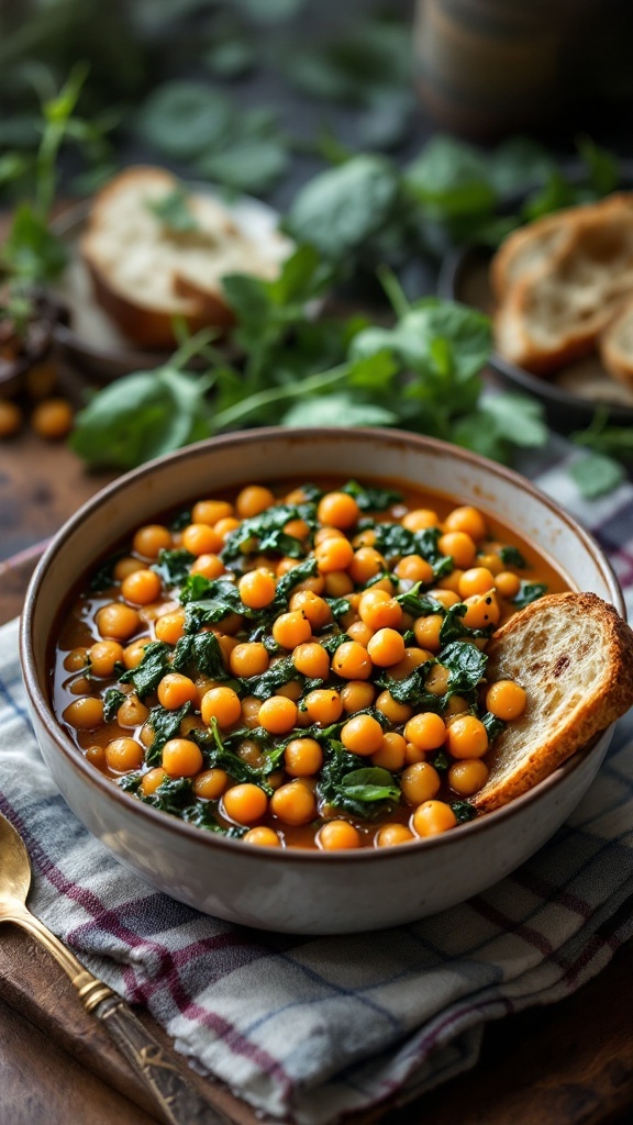 A bowl of chickpea and spinach stew with a slice of bread on the side