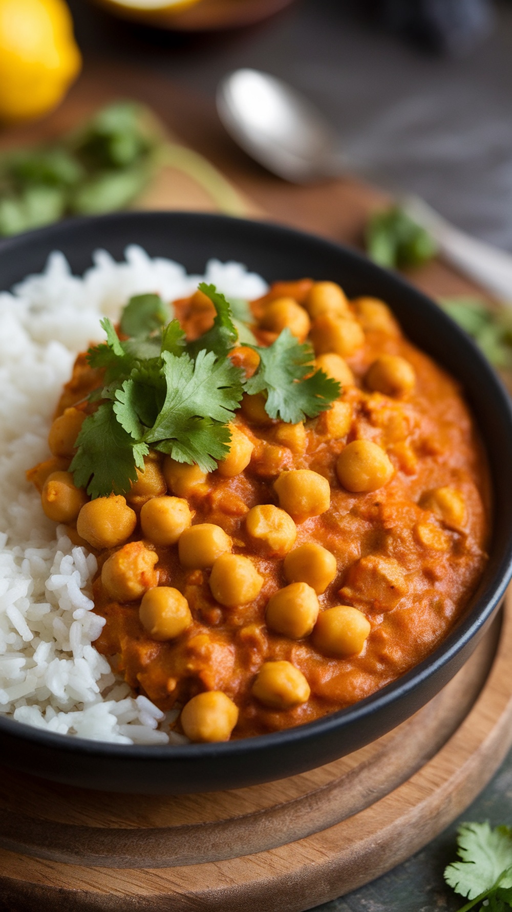 A bowl of chickpea curry served with rice, garnished with cilantro.