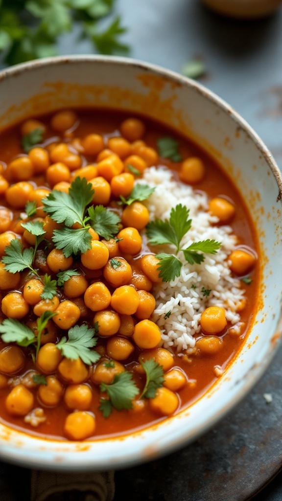 A bowl of chickpea curry with coconut milk served with rice and garnished with fresh cilantro.