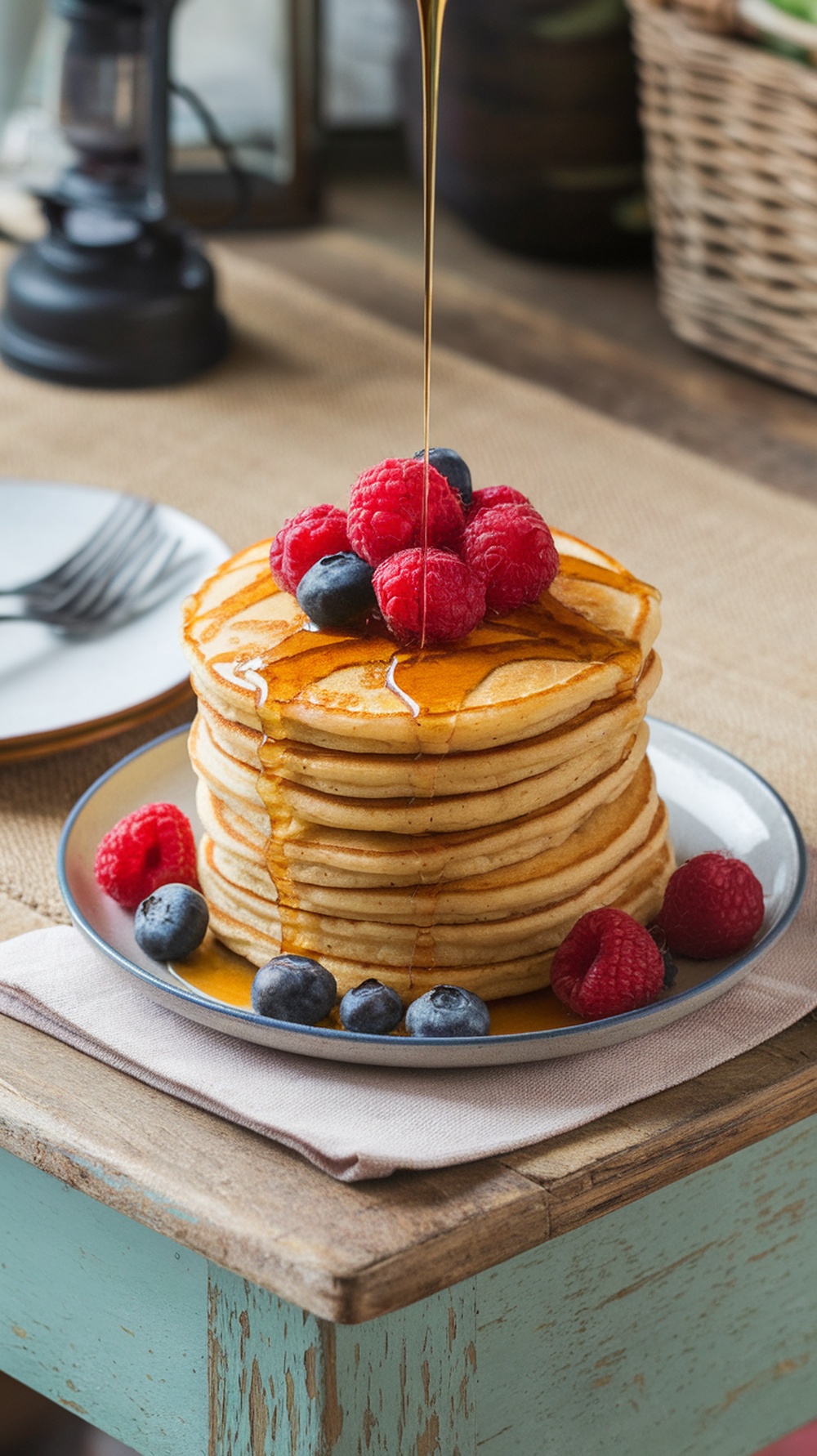 A stack of chickpea flour pancakes topped with fresh berries and syrup.