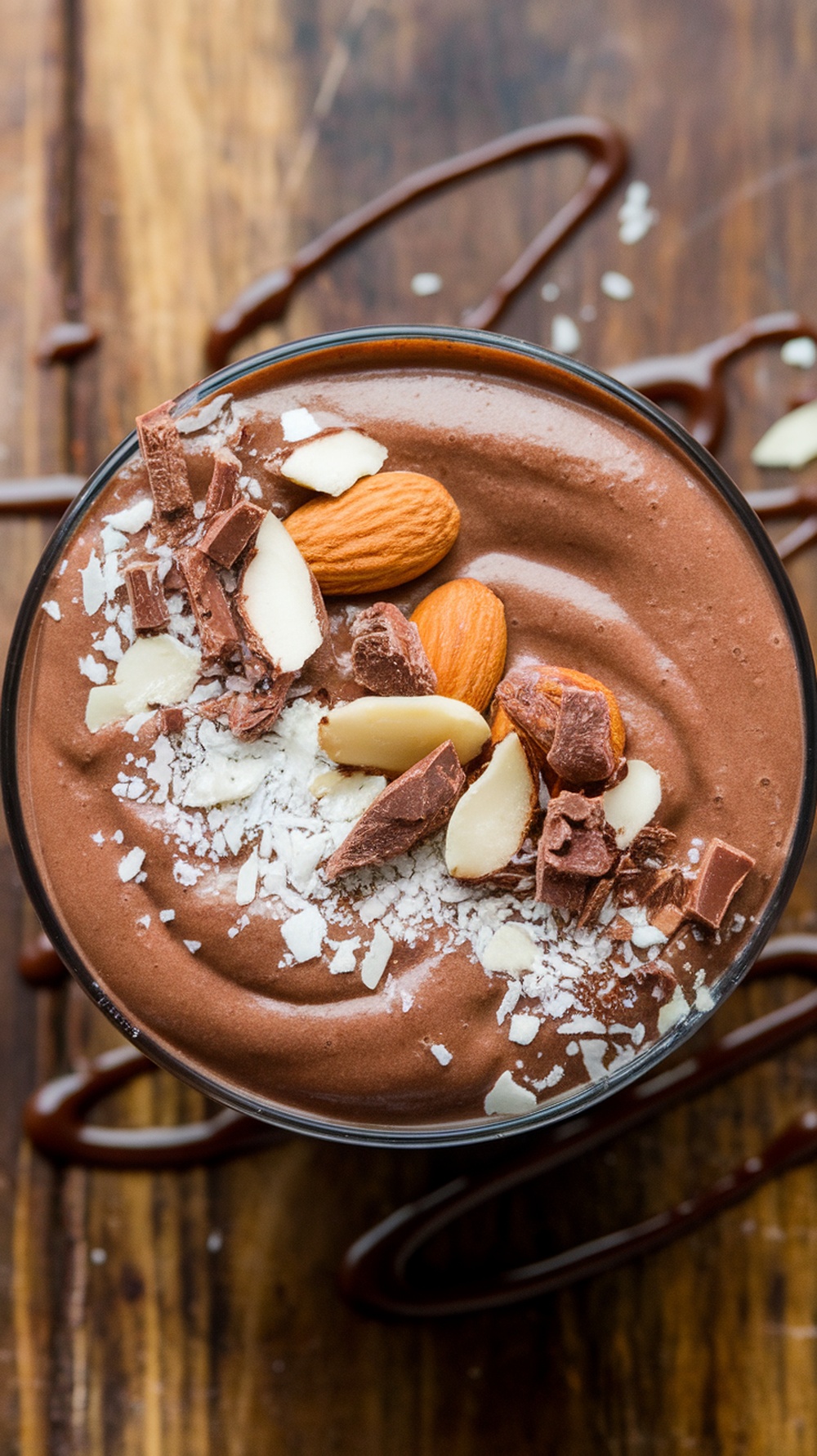 A delicious Chocolate Almond Joy Smoothie topped with almonds and chocolate chunks.