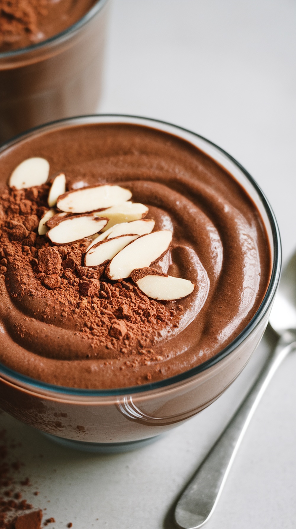 A delicious chocolate almond protein smoothie topped with sliced almonds and cocoa powder.