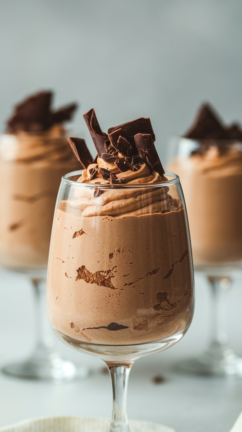 Chocolate avocado mousse in elegant glasses topped with chocolate shavings