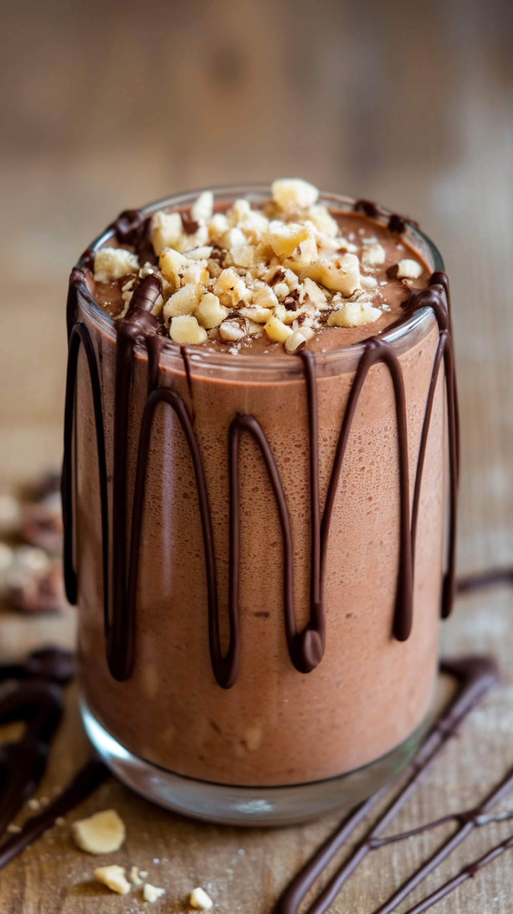 A delicious chocolate banana nut smoothie topped with chopped nuts and chocolate drizzle.