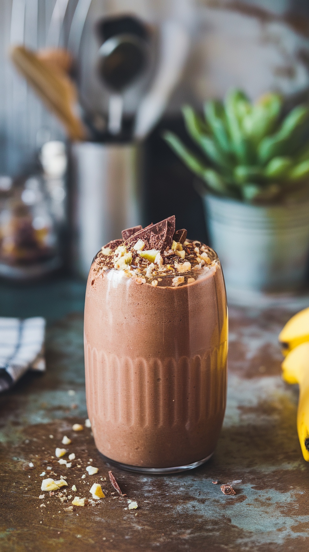 A delicious chocolate banana nut smoothie topped with chocolate shavings and nuts, served in a glass.