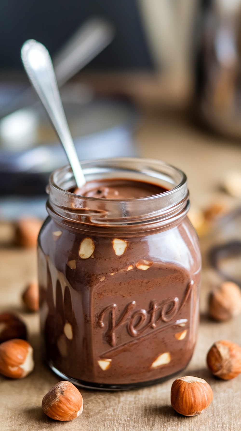 A jar of chocolate hazelnut spread with whole hazelnuts around it.