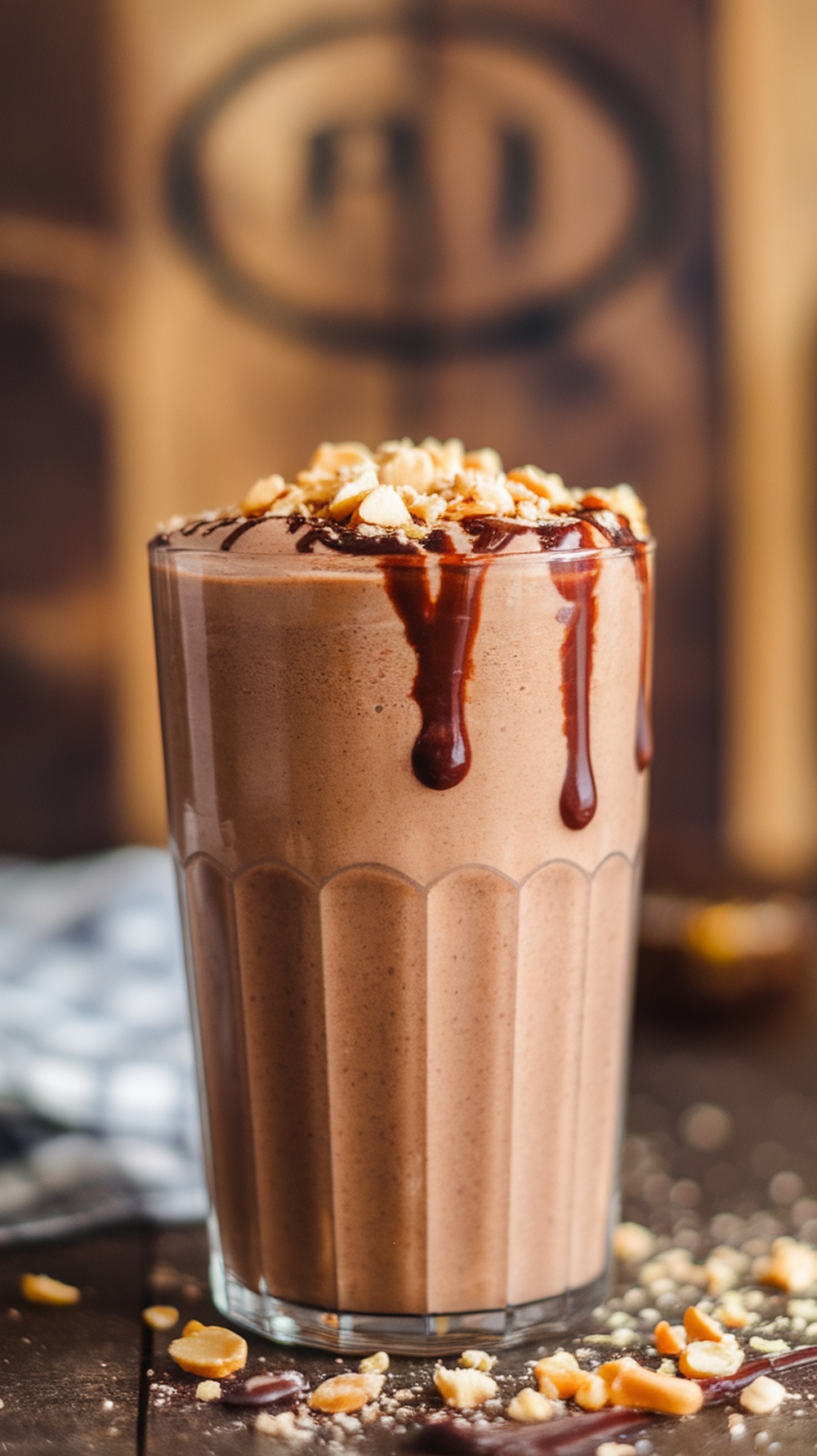 A delicious chocolate peanut butter smoothie topped with crushed peanuts and chocolate syrup.
