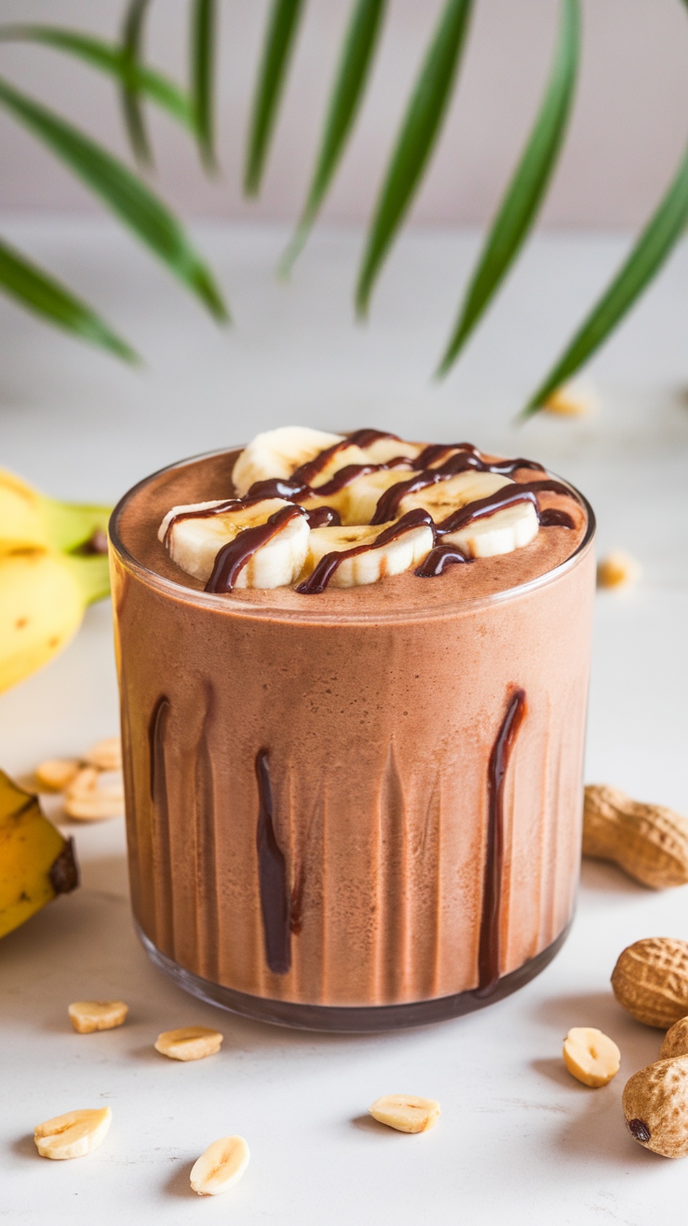 A delicious chocolate peanut butter smoothie topped with banana slices and chocolate drizzle.
