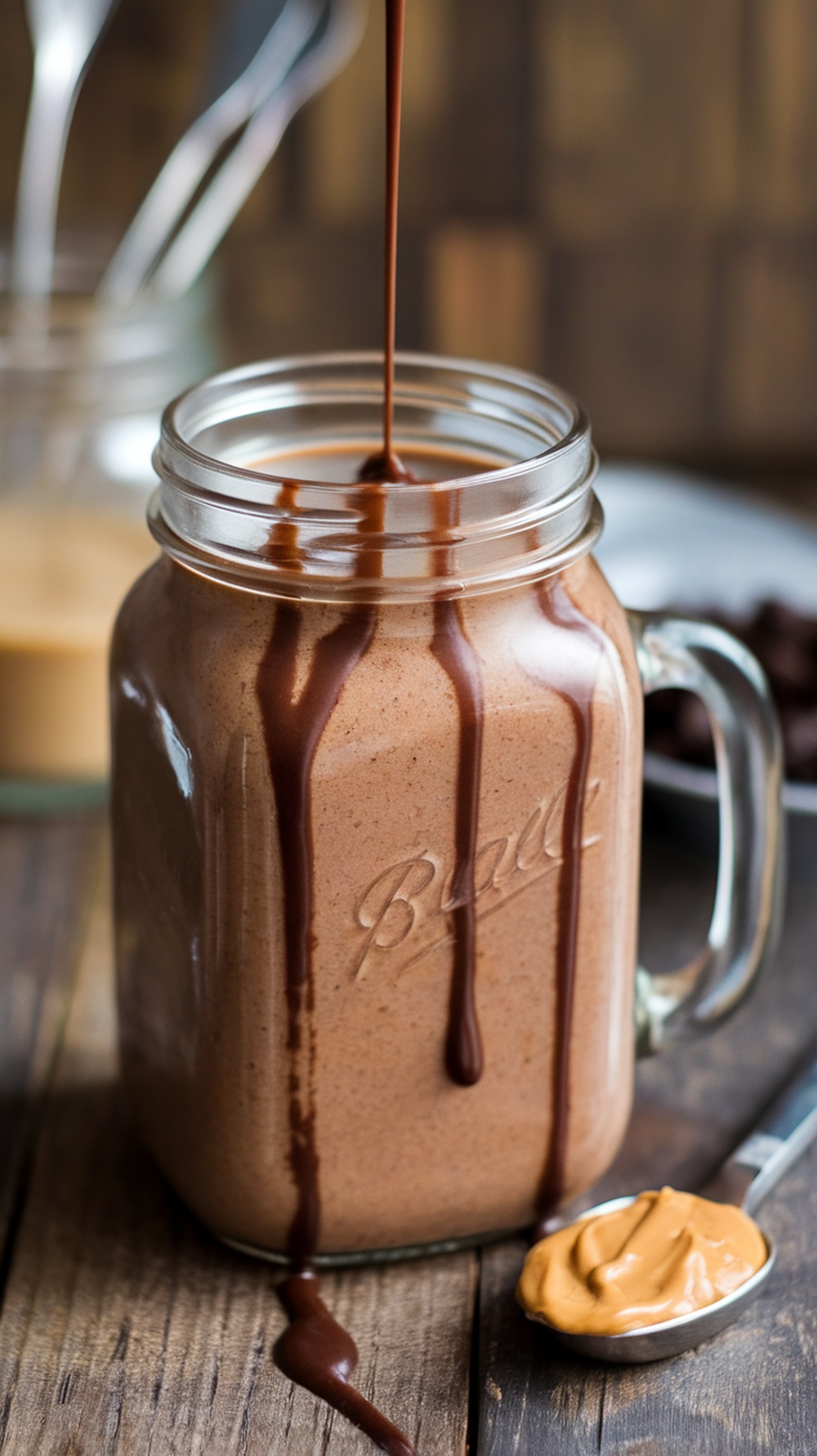 A delicious chocolate peanut butter protein smoothie in a jar with chocolate drizzle.