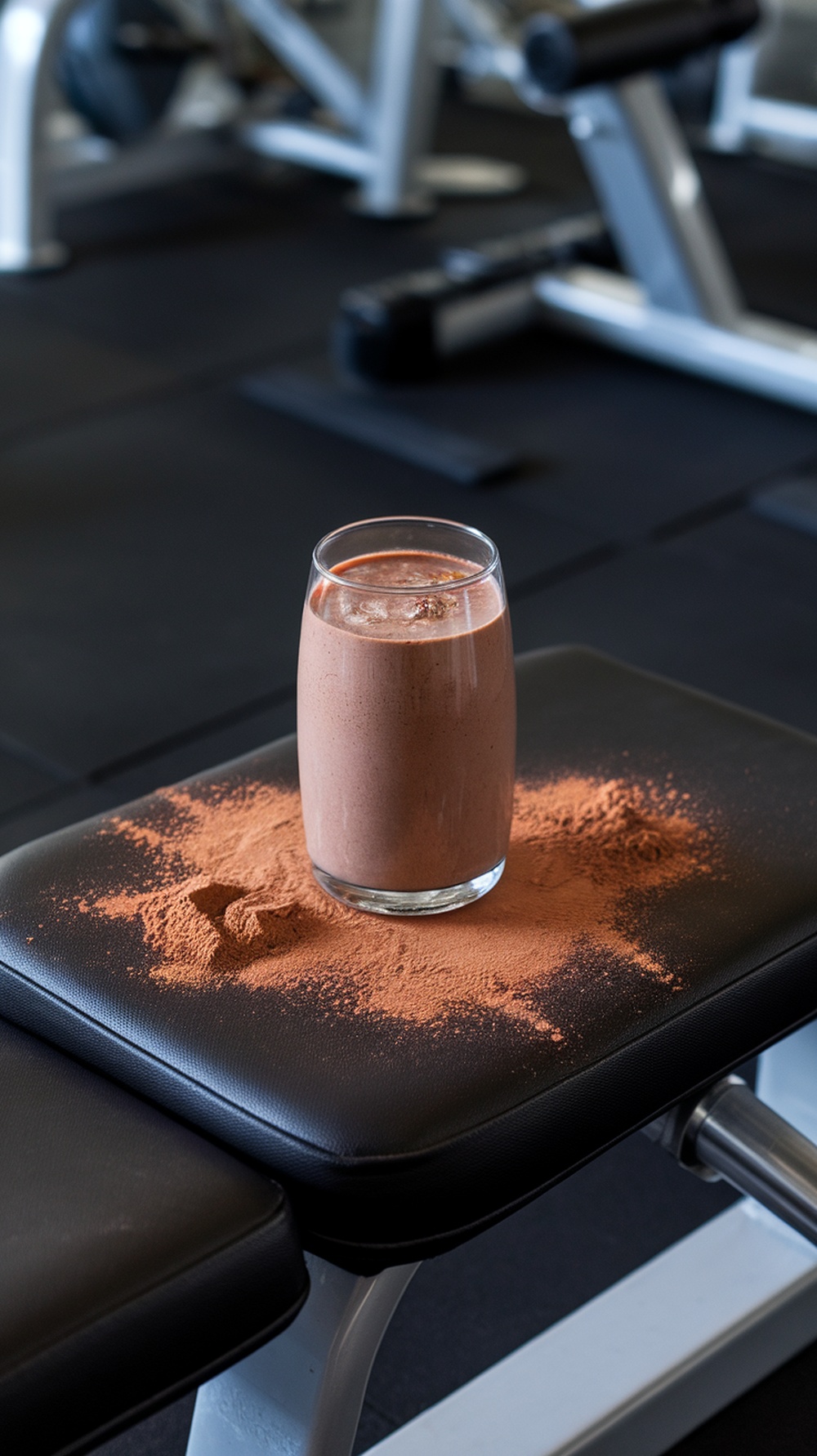 A chocolate protein shake in a glass with chocolate powder sprinkled around it, set on a gym bench.