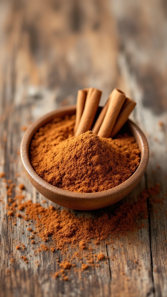 A bowl of ground cinnamon with cinnamon sticks on a wooden surface
