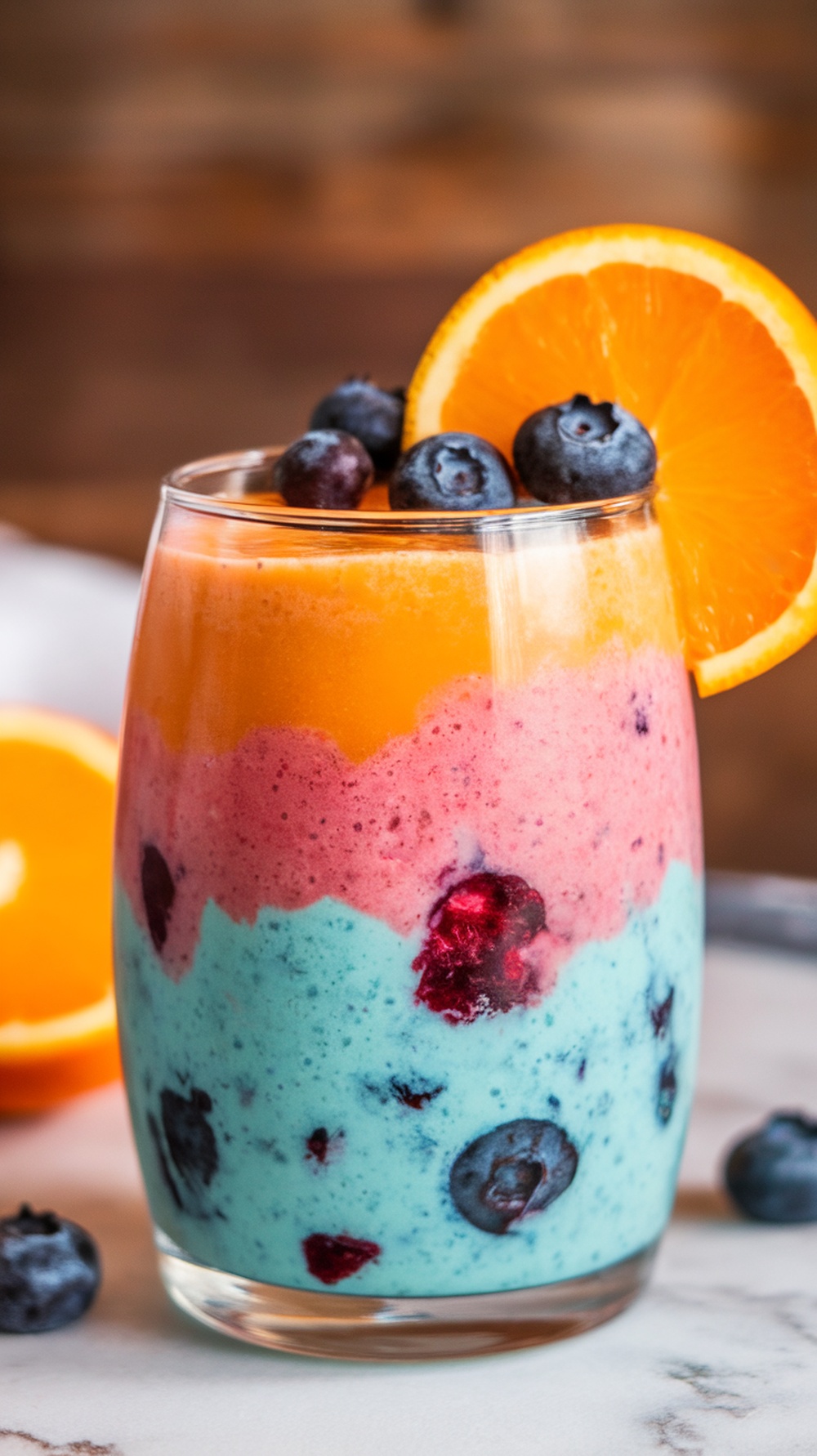 A colorful Citrus Berry Sunrise smoothie in a glass, topped with blueberries and an orange slice.