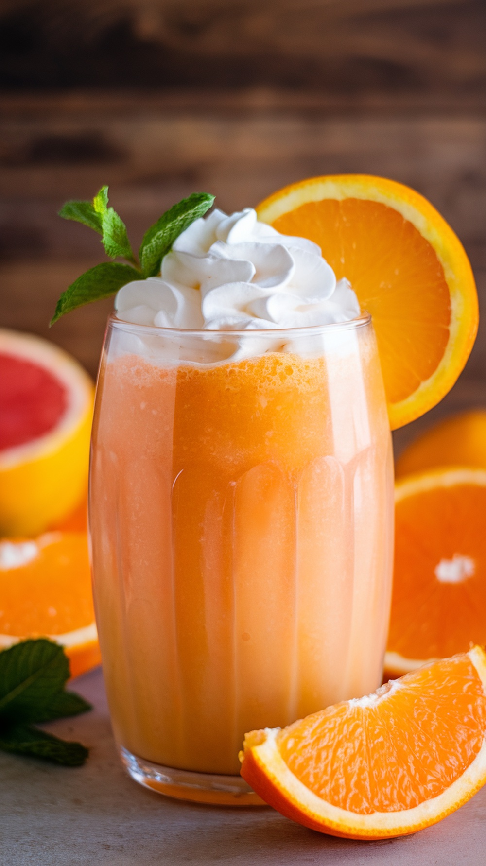 A refreshing Citrus Sunrise Smoothie topped with whipped cream and garnished with a mint leaf, surrounded by fresh oranges.