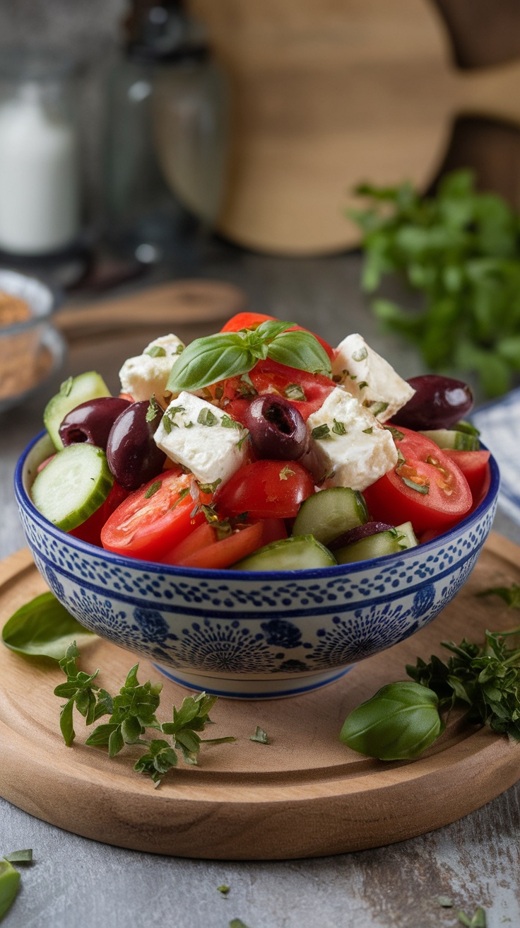 A colorful bowl of classic Greek salad with feta cheese, tomatoes, cucumbers, olives, and fresh herbs.